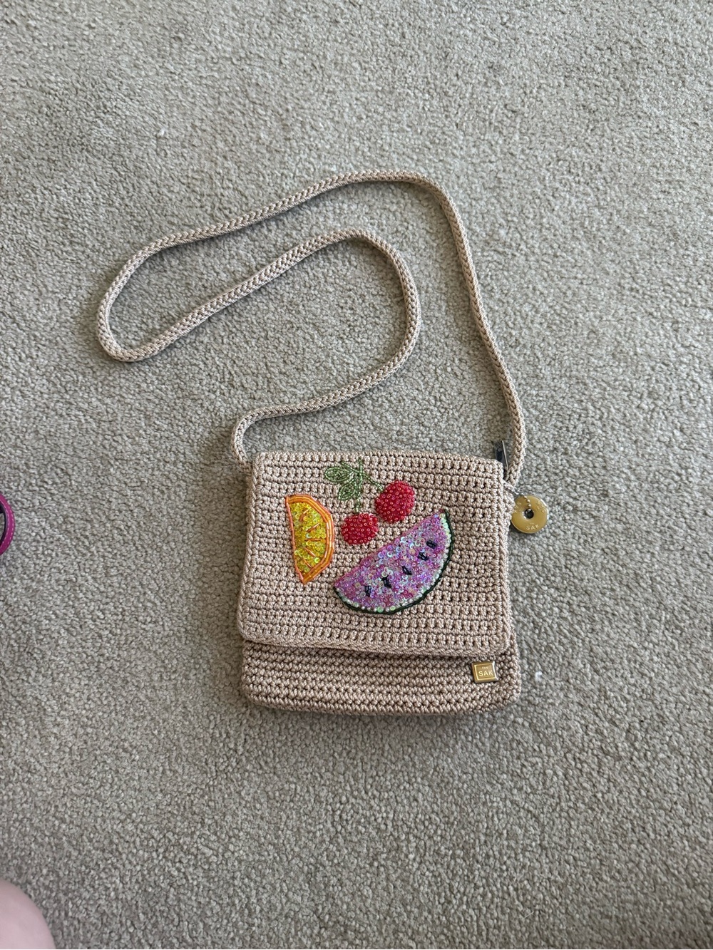 Handwoven Beige Crossbody Bag with Fruit Appliqué